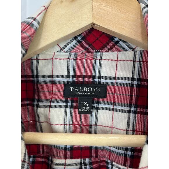 TALBOTS 2XP Petite Plus Plaid Button Up Ruffle Shirt Shimmer Flannel Red White - Picture 3 of 9